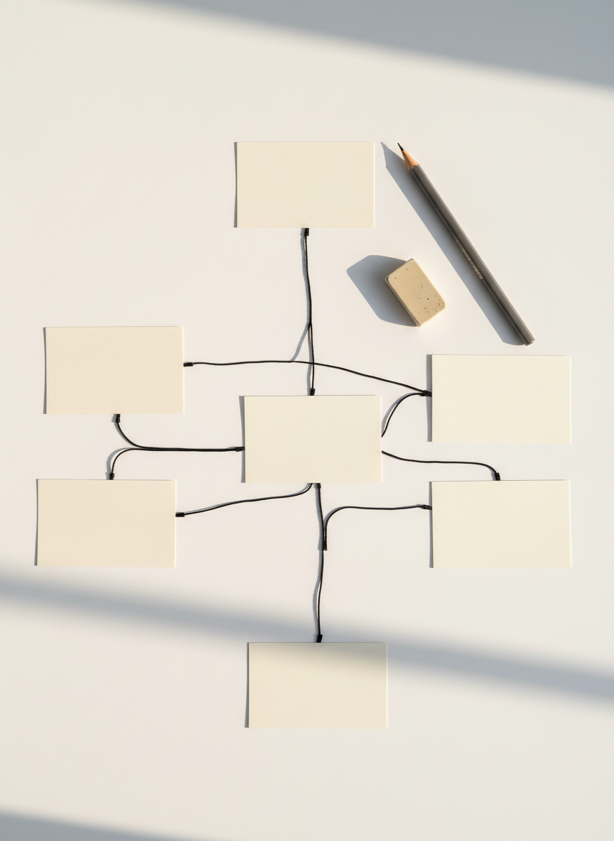 A structured mind-map style scene arranged on a spacious white tabletop: several blank cream index cards connected by thin black cords, forming a branching philosophical argument. Each card is crisp and unmarked, emphasizing concepts rather than text. A matte graphite mechanical pencil and a small sand-colored eraser rest nearby, slightly askew, implying active refinement of ideas. Soft morning daylight from the right casts gentle, precise shadows that reveal the network’s geometry. Photographic realism, shot from a bird’s eye view with ample negative space along the edges, creates a clear, accessible, and organized mood suitable for illustrating a philosophy methodology or “How I think” process section in a professional portfolio.