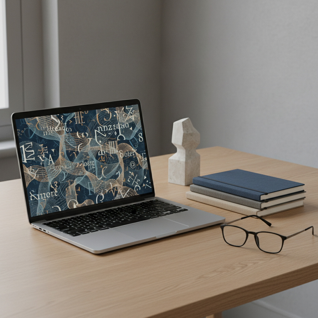 A neatly arranged workspace featuring a slim silver laptop displaying an abstract, text-like pattern on its screen, surrounded by stacked clothbound notebooks in muted navy, charcoal, and sand tones. Beside them lies a pair of simple black-framed glasses and a small, geometric stone sculpture suggesting thoughtful abstraction. The scene is set on a smooth, light oak table against a soft grey wall. Diffused overcast daylight from an unseen window creates even, shadow-soft lighting. Captured from a slightly elevated three-quarter angle with balanced composition and photographic realism, the image feels organized, professional, and analytical, perfect for framing a portfolio or articles overview section about philosophy writing and projects.
