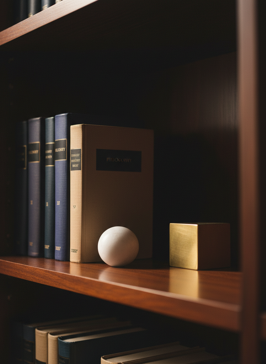 A close-up of a polished dark wooden shelf holding a curated set of philosophy books represented by anonymous, unlabelled spines in harmonized neutral colors: deep indigo, warm taupe, and graphite black, each with subtle texture. Between them, a small, smooth marble sphere and a thin brass cube create a quiet dialogue of forms, suggesting contrasting perspectives. The background recedes into soft shadow, lit by a narrow beam of warm directional light from above that highlights the objects’ edges and creates gentle reflections on the marble. Photographic realism with a cinematic, low-angle composition and shallow depth of field lends a serious, scholarly atmosphere, ideal for an articles archive or reading list section.