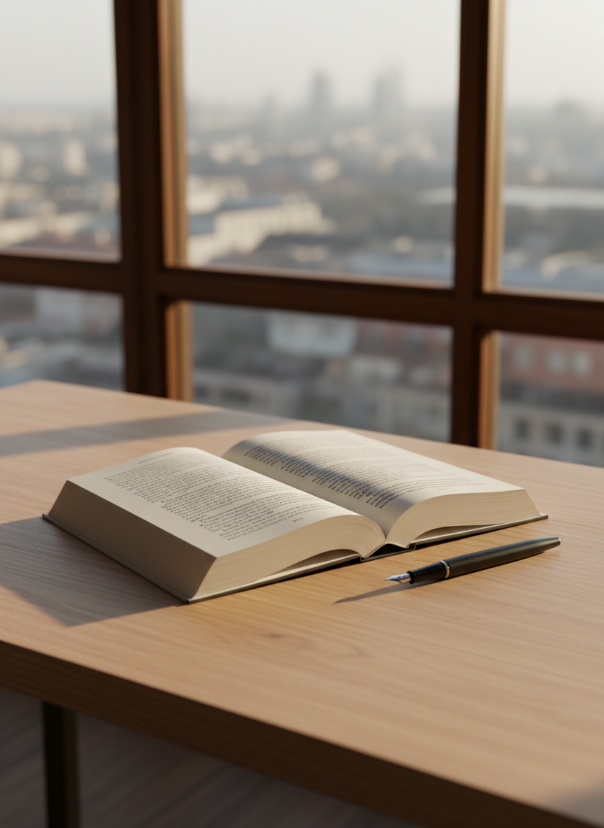 A minimalist wooden writing desk with a single open hardcover book, its cream pages filled with dense, finely printed text, resting beside a matte black fountain pen. The desk sits near a large window overlooking a softly blurred cityscape, suggesting quiet contemplation. Late afternoon natural light pours in, creating long, gentle shadows and a warm golden glow along the book’s edges and wood grain. Photographic realism with a clean, professional aesthetic, shot at eye level with a shallow depth of field so the book and pen are sharply in focus while the background gently fades. The mood is calm, intellectual, and inviting, ideal as a homepage hero image for a philosophy portfolio site.