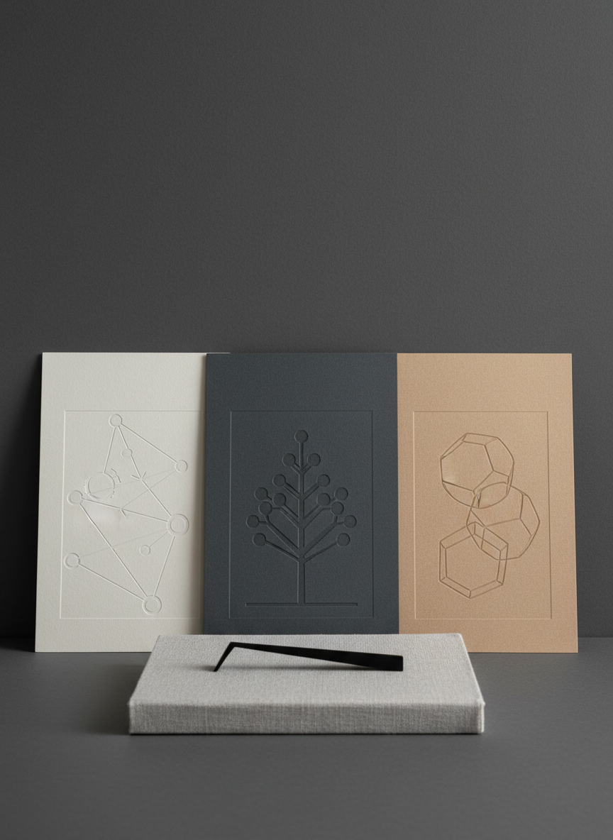 An arrangement of three vertical, textured paper boards in off-white, slate, and warm beige leaning against a matte charcoal wall, each bearing faint, embossed geometric shapes that subtly evoke logical structures and branching arguments without readable text. In front, a sleek black metal bookmark rests atop a closed linen-covered journal, its fabric faintly textured. Soft studio lighting from the left creates delicate highlights on the embossed patterns and gentle gradients across the surfaces. Shot straight-on with a centered, symmetrical composition and shallow depth of field, the background softly blurs. The mood is refined, abstract, and contemplative, visually referencing philosophical structures and clear navigation between ideas for a section introducing different themes or categories.